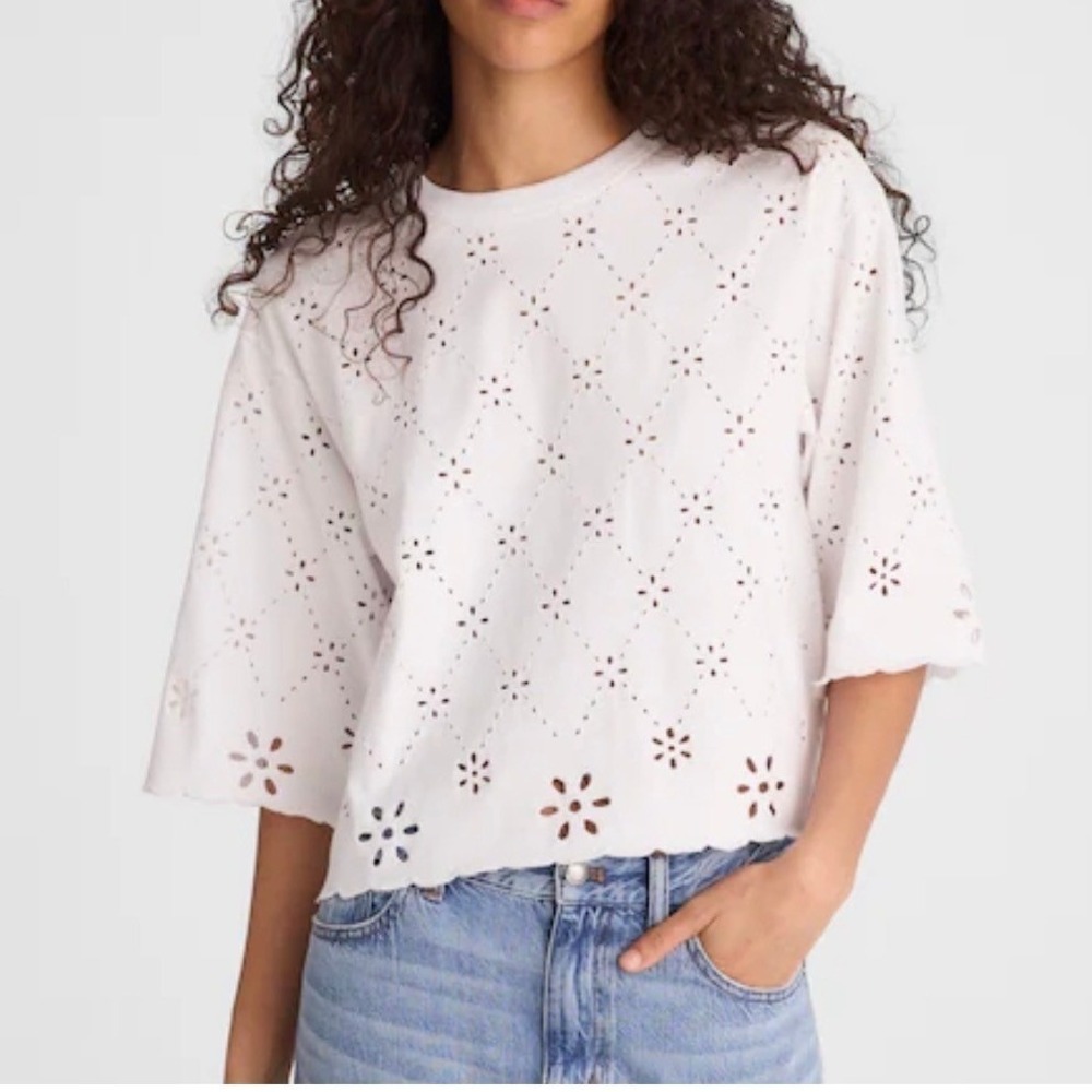 Madewell Womens White Embroidered Boxy Eyelet Cropped Tee Cotton M Medium New
